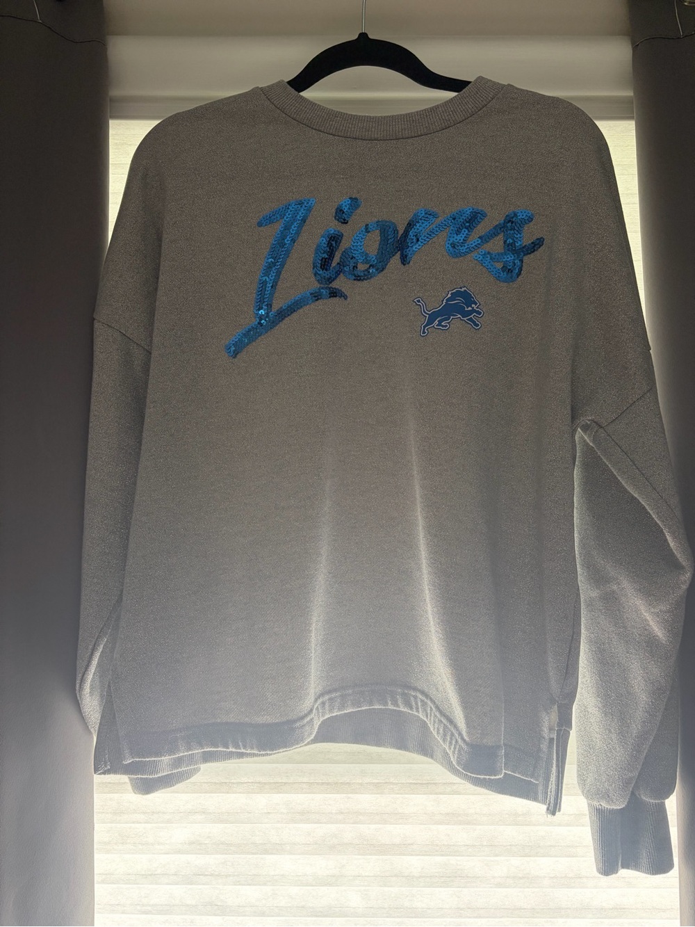 Detroit Lions Sequin Script Crewneck Sweater - Gray/Blue